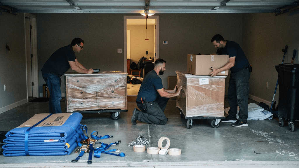 Moving crew checking wrapped furniture before loading