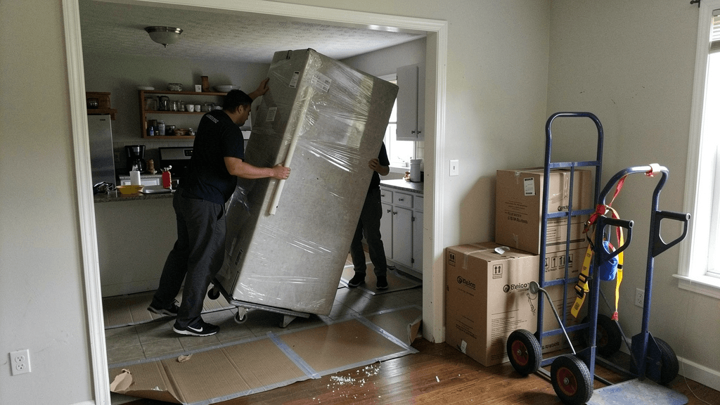 Movers positioning a wrapped refrigerator on an appliance dolly