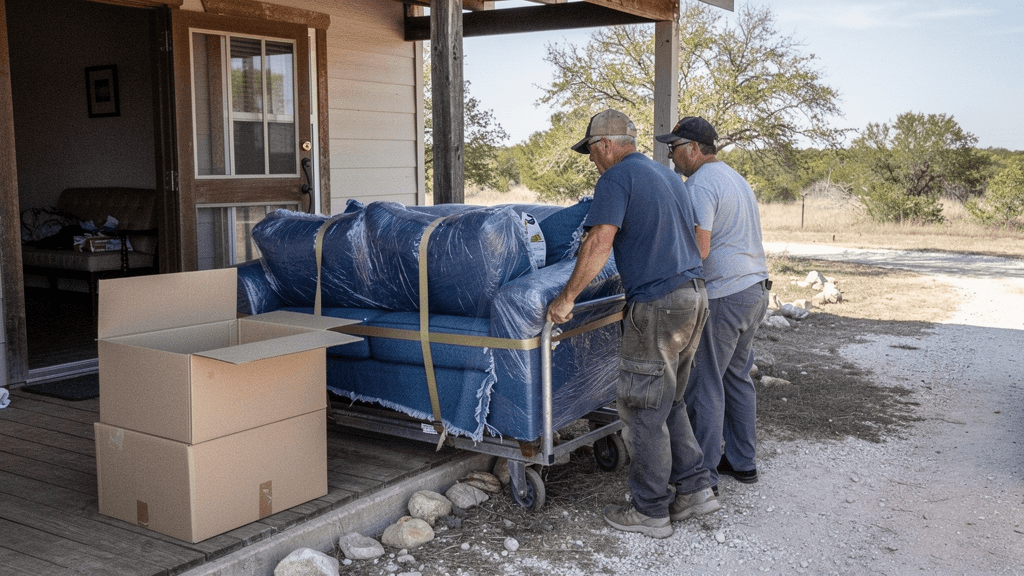 Movers preparing wrapped furniture outside a rural property in Christoval