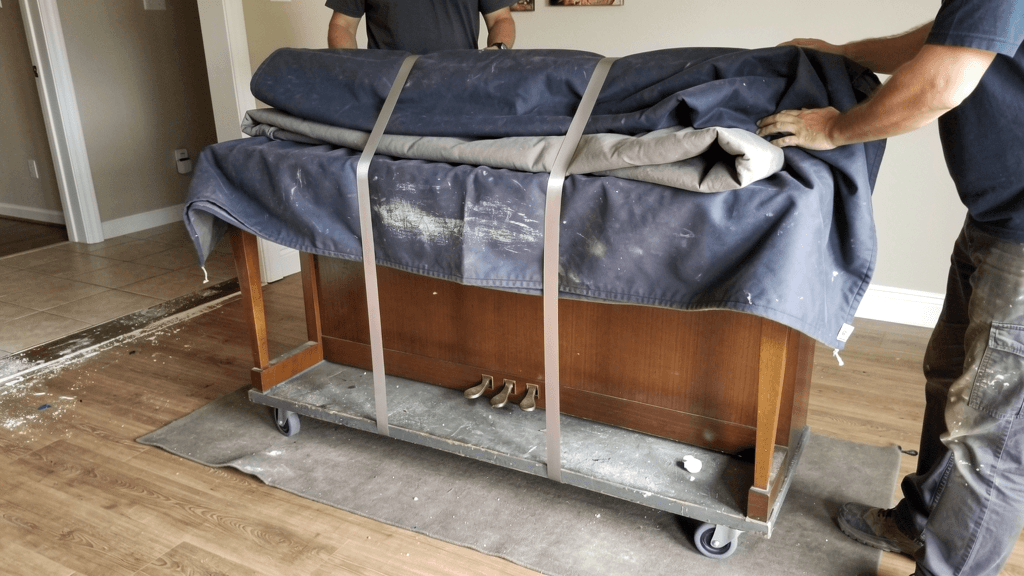 Wrapped console piano secured on a dolly inside a San Angelo home