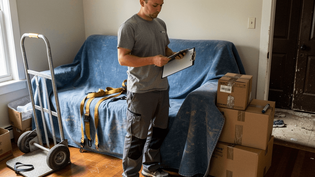 Mover reviewing a moving checklist beside wrapped furniture