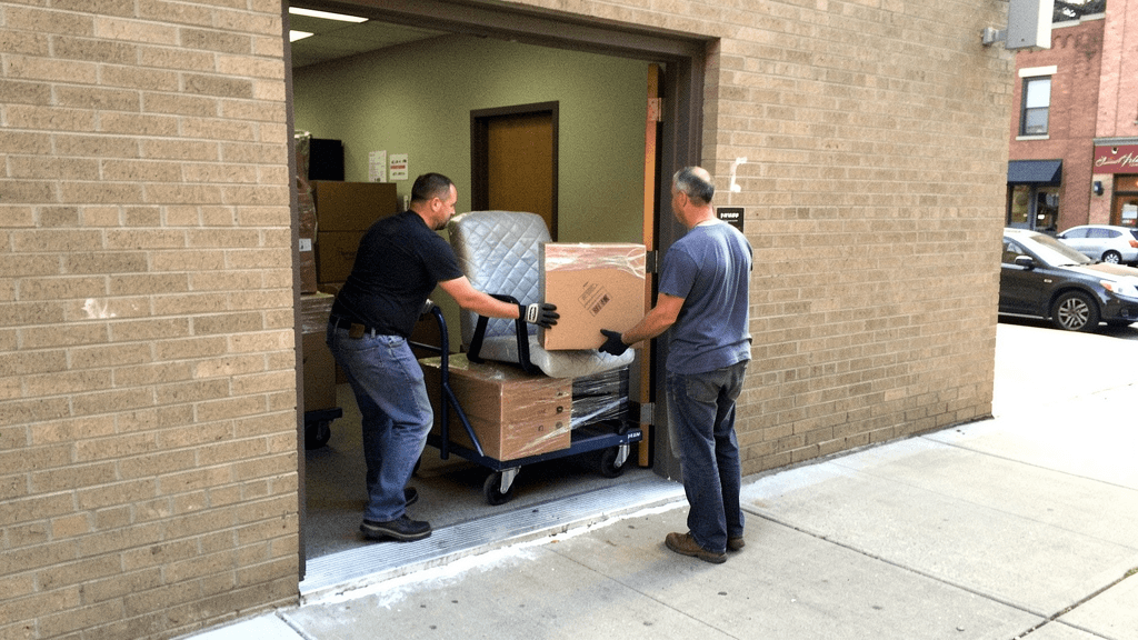Wrapped office furniture being moved through a downtown San Angelo doorway