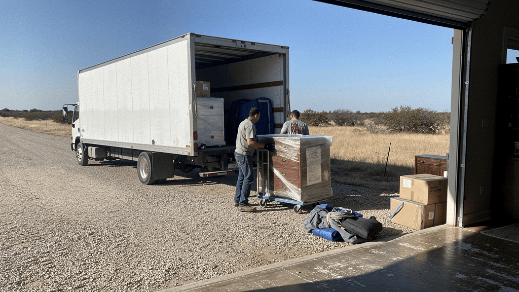 Movers loading wrapped furniture at a rural property in Grape Creek
