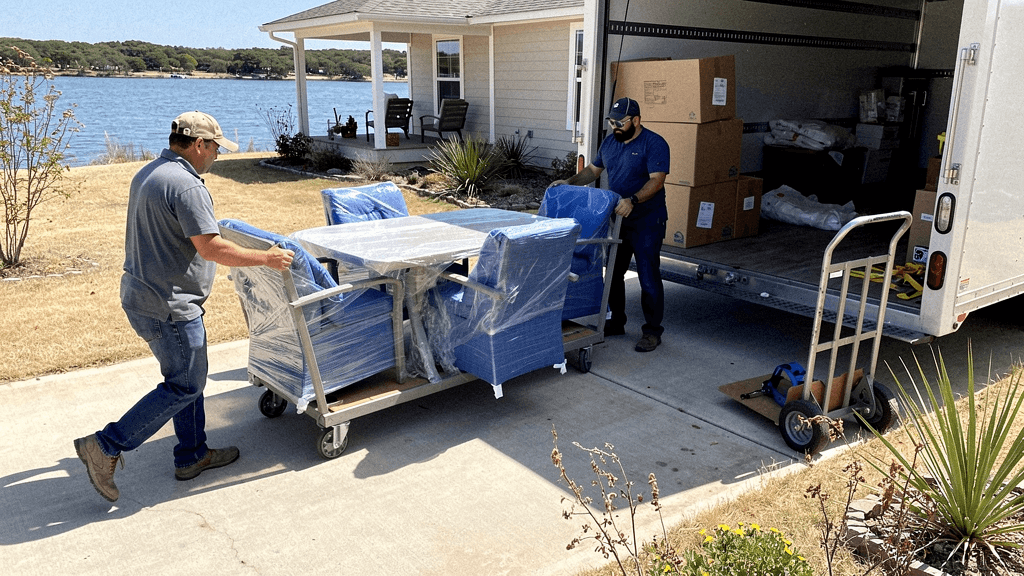 Movers loading wrapped patio furniture near a Lake Nasworthy home driveway