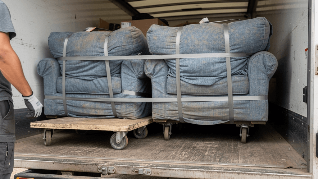 Wrapped household furniture secured for a long-distance move from San Angelo