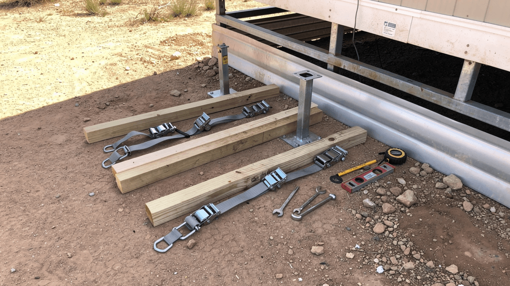 Wood blocking and setup materials prepared beside a mobile home in San Angelo