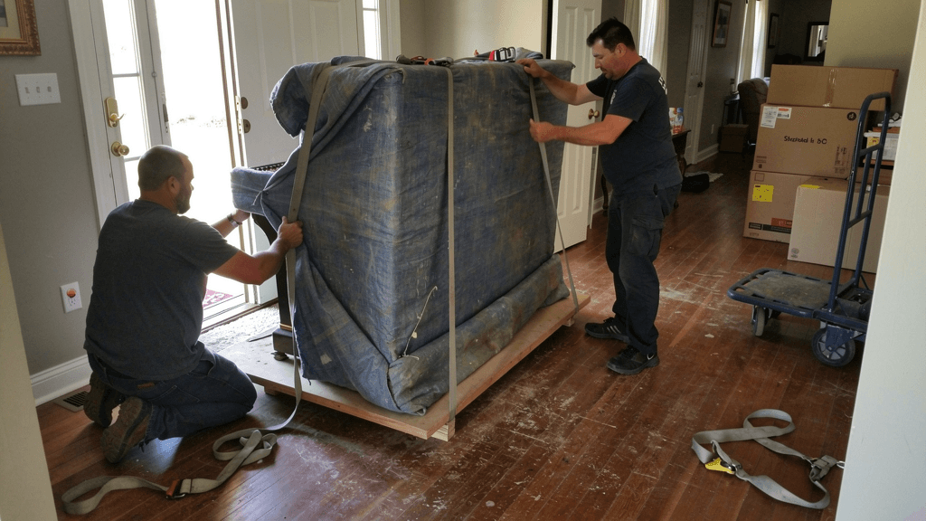Movers carefully preparing an upright piano for relocation