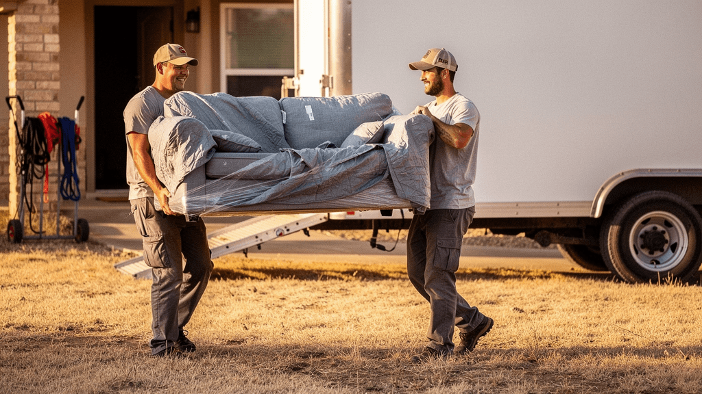 Movers carrying wrapped furniture from a San Angelo home