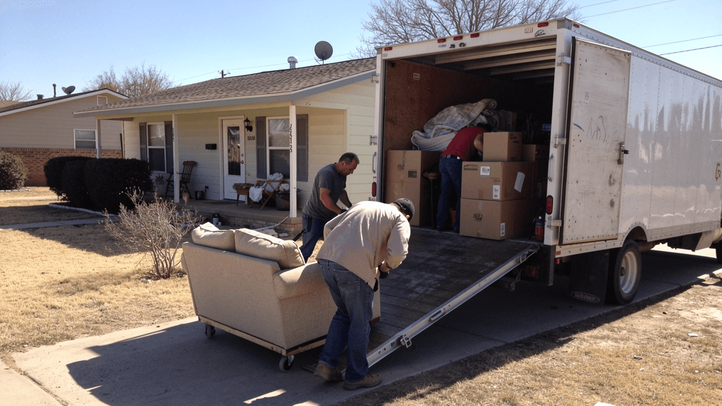 Moving truck being loaded outside a San Angelo home