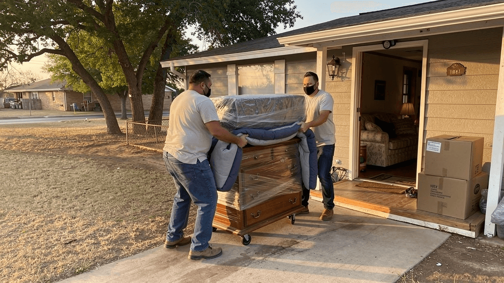 Movers carrying wrapped furniture from a Santa Rita home in San Angelo