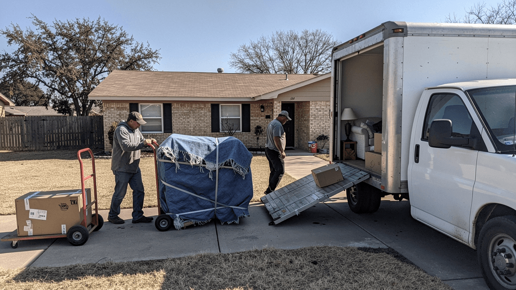 Moving crew loading furniture outside a San Angelo property