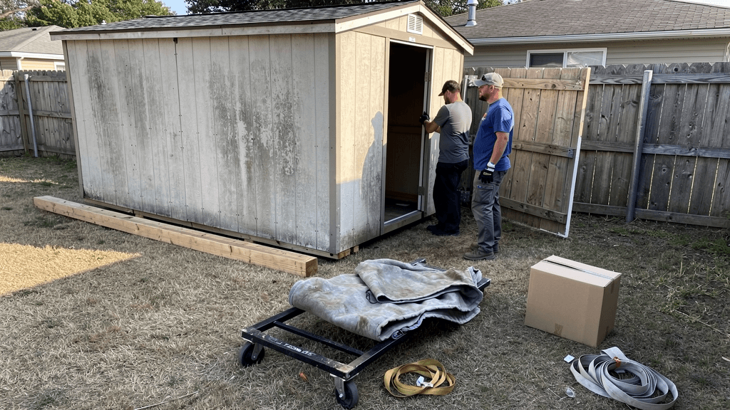 Movers preparing a backyard storage shed for relocation