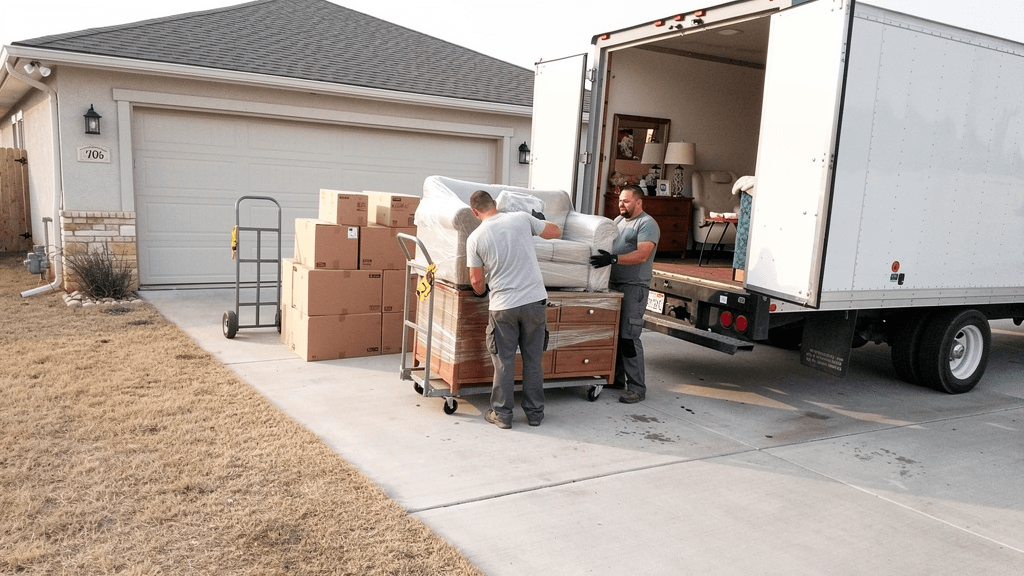 Movers loading wrapped household furniture from a Southland driveway
