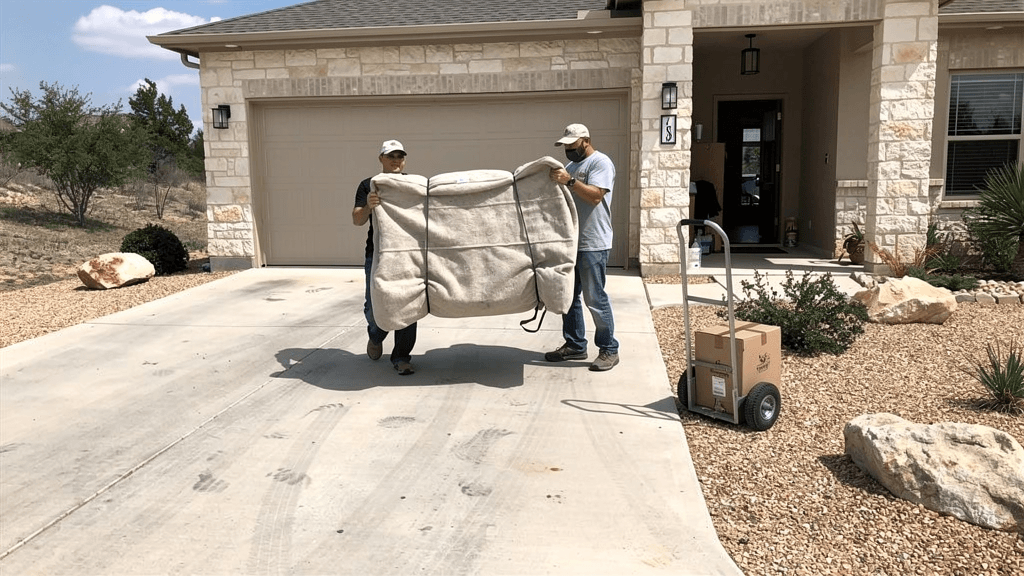 Movers carrying protected furniture outside a home in The Bluffs