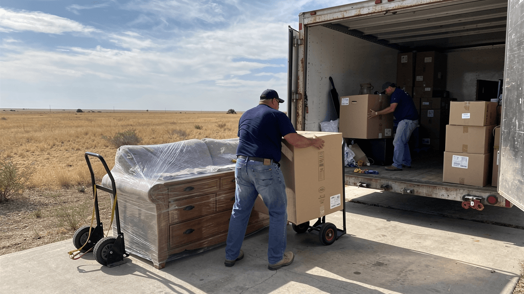 Movers loading wrapped household furniture from a rural home driveway in Wall