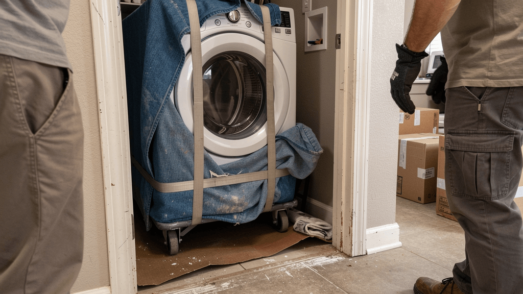 Washer and dryer prepared with moving straps for a San Angelo appliance move
